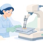 スポット溶接機で金属板を接合する作業をイメージしたイラスト