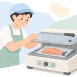 業務用真空包装機で食品を包装する様子をイメージしたイラスト