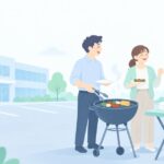 会社の駐車場でBBQはできるをイメージしたイラスト