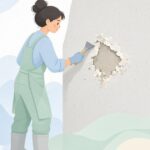 スクレーパーでコンクリートの補修箇所を削る様子をイメージしたイラスト