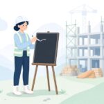 工事写真用の黒板にマーカーで書き込む現場監督をイメージしたイラスト
