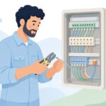 フェルール圧着工具で電線端末を処理する制御盤配線工の様子をイメージしたイラスト
