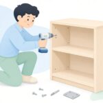 狭い家具の内側で電動ドライバーを使う組立作業をイメージしたイラスト
