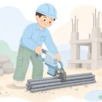 充電式カッターで鉄筋を切断する作業をイメージしたイラスト
