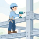 鉄骨のボルトをコードレスレンチで締める様子をイメージしたイラスト