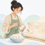 文化財修復に楮繊維を使う様子をイメージしたイラスト