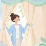 カーテンの隙間をマグネットで閉じる様子をイメージしたイラスト