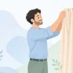 カーテンにプリーツフックを付ける様子をイメージしたイラスト