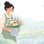 切り花をハーベストバケットに入れて運ぶ様子をイメージしたイラスト