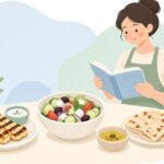 本を見ながらキプロス料理を作る様子をイメージしたイラスト