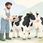 牛舎で牛用ブラシを使って乳牛をブラッシングする様子をイメージしたイラスト
