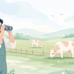 双眼鏡で牛舎周辺を見回る酪農家の様子をイメージしたイラスト