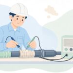 直流低抵抗計でケーブルの抵抗を測る様子をイメージしたイラスト