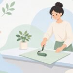 Jローラーで化粧板を圧着する様子をイメージしたイラスト