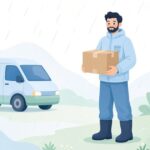 レインパンツを履いて雨の日に荷物を配達する様子をイメージしたイラスト