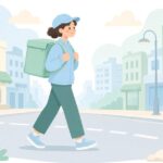 保冷リュックを背負って徒歩で配達する様子をイメージしたイラスト