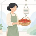 ハウス内でデジタル吊りはかりを使い収穫物を量る様子をイメージしたイラスト