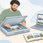 紙焼き写真をデータ化する様子をイメージしたイラスト