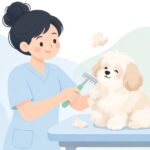 トリミング台で長毛犬の毛をレーキでとかす様子をイメージしたイラスト