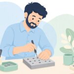 ドリルゲージで刃の径を確認する様子をイメージしたイラスト