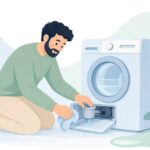 ドラム式洗濯機の排水フィルターを掃除する様子をイメージしたイラスト