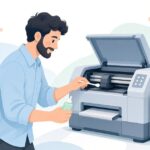 DTFプリンターをクリーニング液で掃除する様子をイメージしたイラスト
