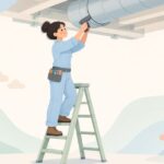 天井裏で空調ダクトをダクトカッターで切断する様子をイメージしたイラスト