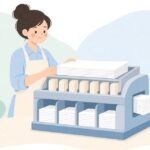 卓上丁合機で印刷物をまとめる様子をイメージしたイラスト