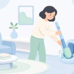 スタンドに戻すとゴミが自動で集まる掃除機をイメージしたイラスト