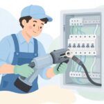 電動油圧式工具で太いケーブルを圧着する作業をイメージしたイラスト