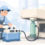 電動油圧ポンプで重い機械を持ち上げる作業をイメージしたイラスト