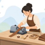 電動コバ磨き機で革のコバを磨く様子をイメージしたイラスト