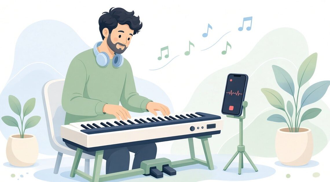 電子ピアノを4小節ずつ練習し、録音して聞き返す