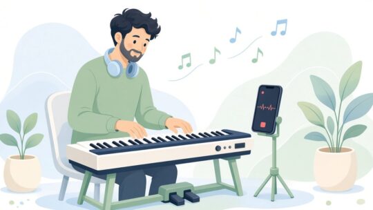 電子ピアノを4小節ずつ練習し、録音して聞き返す