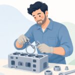 リングエキスパンダーでピストンリングを付ける様子をイメージしたイラスト