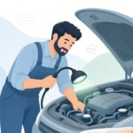 フレキシブル作業灯でエンジンルームを点検する様子をイメージしたイラスト