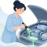 エンジンオイル漏れを蛍光剤で探す様子をイメージしたイラスト