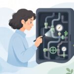 暗い設備室でペンライトを使って点検する様子をイメージしたイラスト