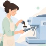 バリスタがドージングファンネルでコーヒー粉を詰める様子をイメージしたイラスト
