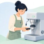 ブラインドフィルターでエスプレッソマシンを洗浄する様子をイメージしたイラスト