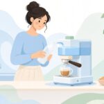 エスプレッソマシンを除石灰剤でお手入れする様子をイメージしたイラスト