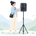 イベント会場でスピーカースタンドを設営する様子をイメージしたイラスト