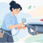 排気背圧をテスターで測る様子をイメージしたイラスト