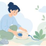 屋外で延長コードのプラグにカバーを付ける様子をイメージしたイラスト