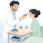 先曲がりプライヤーで眼鏡を調整する眼鏡技術者の様子をイメージしたイラスト