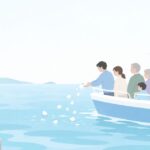 海洋散骨に家族みんなで乗りたいをイメージしたイラスト