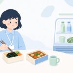 のり弁当とカレーを昼食に楽しむ様子をイメージしたイラスト