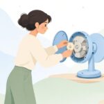 扇風機の首振りギアを交換する様子をイメージしたイラスト