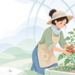 ネッククーラーを着けてビニールハウスで作業する農家をイメージしたイラスト