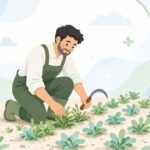 ハウスの畝間を除草鎌で手入れする様子をイメージしたイラスト